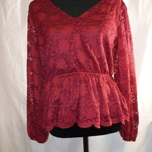 Maurices Lace Peplum Blouse - Burgundy